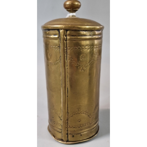 34 - Early 20th century brass tobacco box/jar and cover engraved 'J. Jones 1901'. (B.P. 21% + VAT)