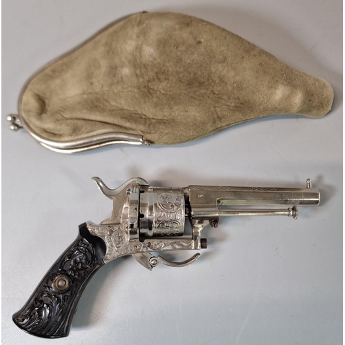 36 - 19th/early 20th century vintage pin-fire revolver with engraved decoration, folding trigger and moul... 