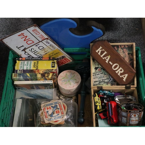 365 - Crate of oddments to include: Barclays Bank wall plaque/sign, metal signs, vintage magazines, Action... 