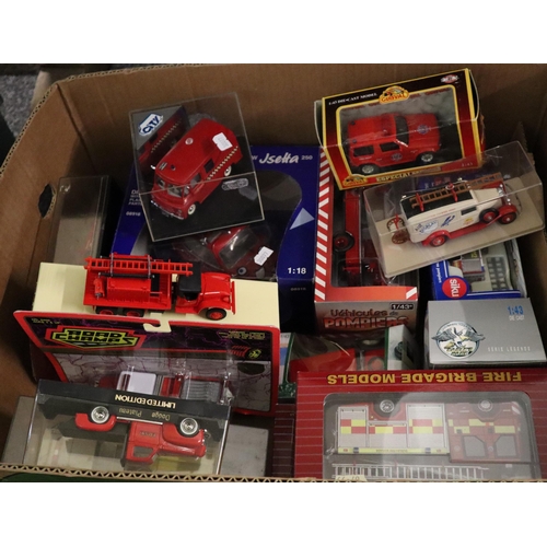 366 - Box of modern diecast Fire Engines and Fire related vehicles, all appearing in original boxes to inc... 