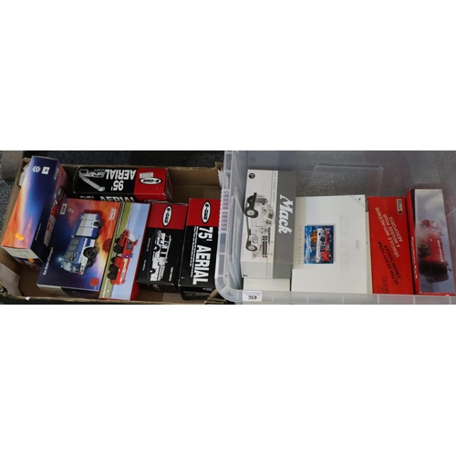 368 - Plastic box and another box of diecast model Fire Engines and Fire related vehicles to include: Mac ... 