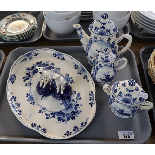 375 - Dutch Delft blue and white bachelor's set comprising: teapot, milk jug and sucrier on stand together... 