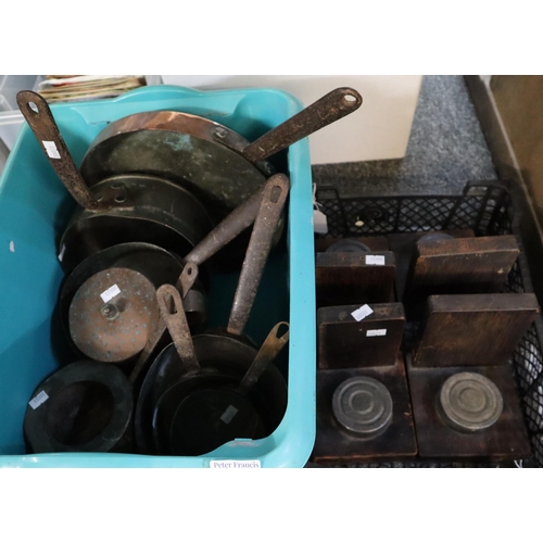 377 - Box of metalware to include: mainly copper Kitchenalia, saucepans etc. together with two pairs of bo... 