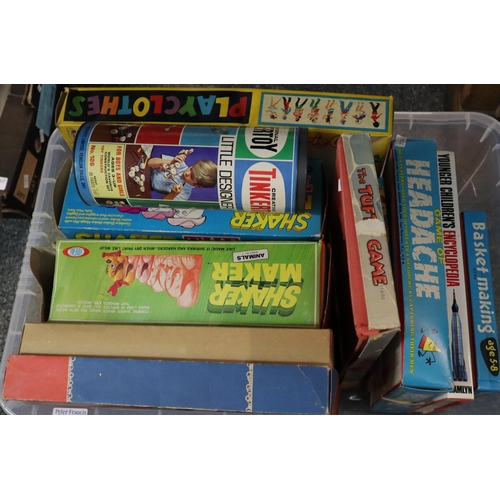 387 - Plastic box of vintage games to include: basket making, Game of Headache, Shaker Maker by Ideal, Tin... 