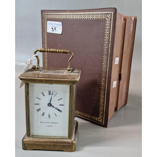 39 - Matthew Norman of London, a brass carriage clock with Roman numerals in original box/case.  (B.P. 21... 