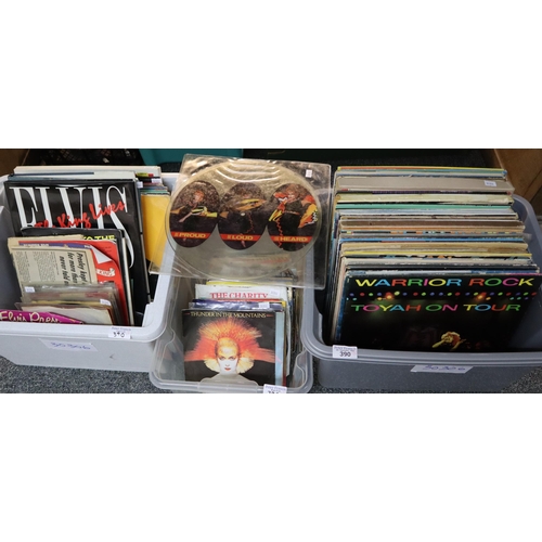 390 - Three boxes of vinyl LPs and rpm 45s and books to include: Elvis Presley, Toyah Wilcox 'Classic Warr... 