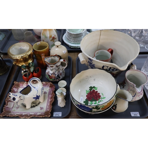 394 - Two trays of ceramics to include: Sunderland Lustre motto wall plaque 'Thou God Seest Me', Masons po... 