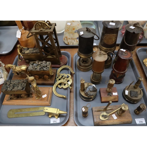 396 - Collection of Mining/Colliery ephemera to include: various Miner's lamps, miniature brass anvil, min... 