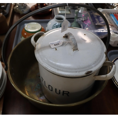 405 - Large vintage brass preserving pan with iron handle together with a vintage enamel flour bin and cov... 