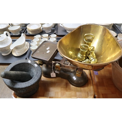 411 - Early 20th century shop scales with brass pan and graduated set of brass weights, together with a gr... 