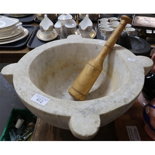 412 - Large marble mortar with turned wooden pestle. (B.P. 21% + VAT)