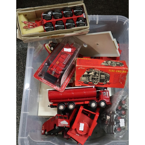 414 - Box of diecast model Fire Engines and Fire related vehicles, some in original boxes, to include: Tek... 