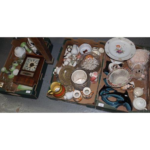 420 - Three boxes of china glass and other items to include: Poole Pottery Dolphins, various jugs, Coral, ... 