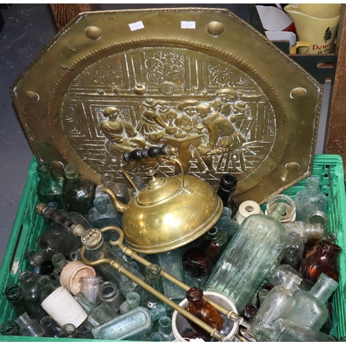 422 - Collection of glass bottles and ceramic box together with a large brass charger, brass kettle and fi... 