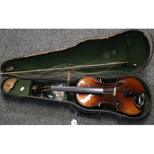 443 - Unnamed violin with bow in appearing older fitted case. Length of back 35cm approx. (B.P. 21% + VAT)