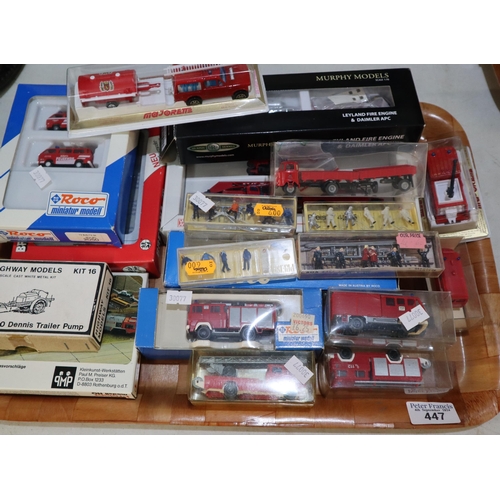 447 - Tray comprising diecast and other model Fire Engines and Fire related vehicles and accessories: Majo... 