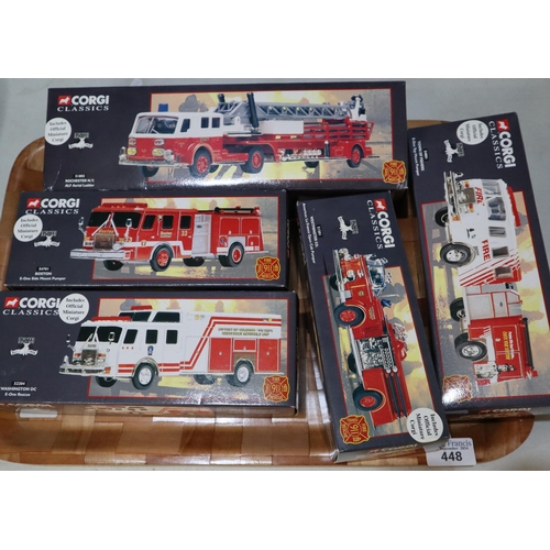 448 - Five Corgi Classics Fire Rescue diecast model vehicles to include: Town of Fishers E-1 Top Mount Pum... 