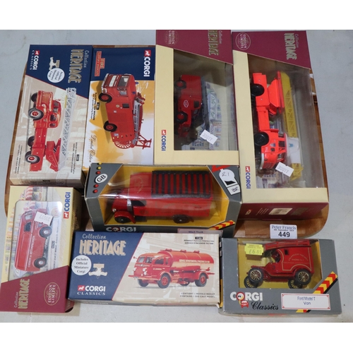 449 - Tray of Corgi Classics and Heritage Fire Engines and Fire related vehicles to include: Mack Truck, B... 