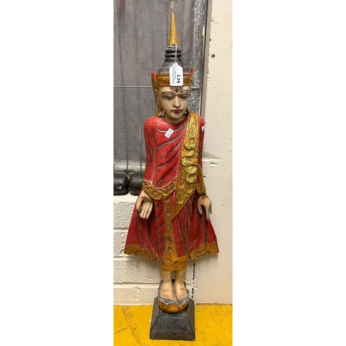 457 - Wood carving of a Thai Sawasdee lady standing 160cm approx. high together with a Burmese wood carvin... 