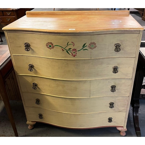 469 - Mid century painted serpentine front chest of five drawers with floral decoration. 93x48x102cm appro... 