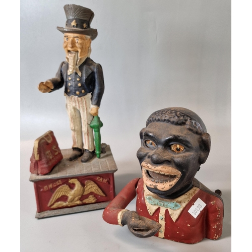 47 - Two novelty cast iron money boxes in the form of a jolly man and Uncle Sam. (2)  (B.P. 21% + VAT)