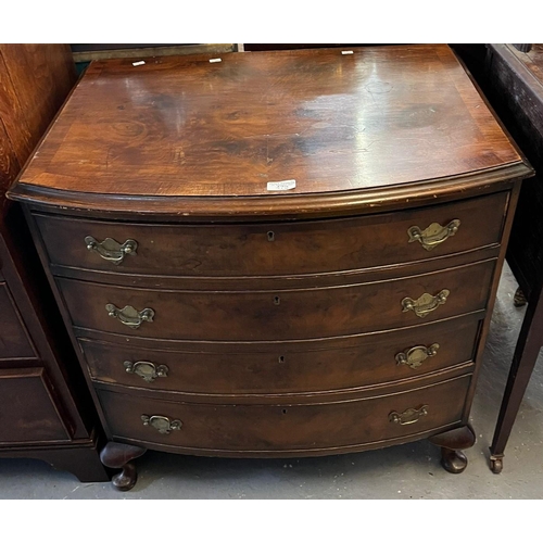 473 - 19th century mahogany bow front chest of four long cock beaded drawers on cabriole legs and pad feet... 