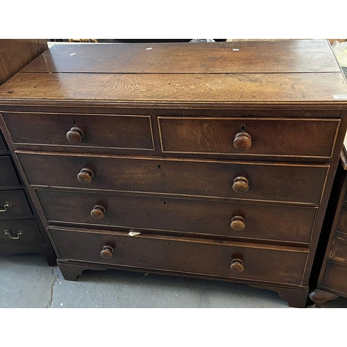 475 - 19th century oak straight front chest of two short and three long cock beaded drawers with turned kn... 