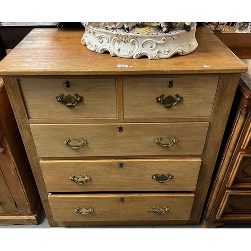 479 - Late 19th early 20th century mixed woods straight front chest of two short and three long drawers. 9... 