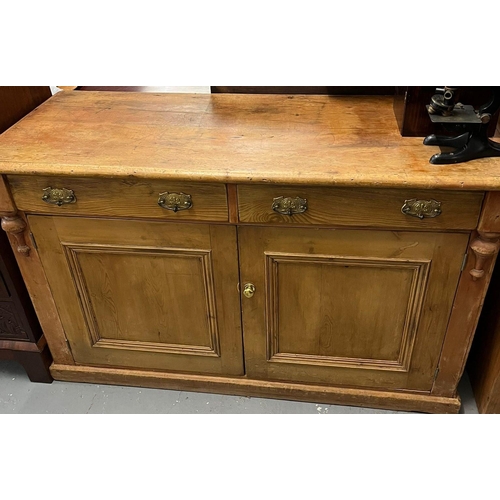 482 - Late 19th century stripped pine chiffonier sideboard base with moulded edge top above two frieze dra... 