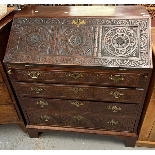 483 - George III mahogany fall front bureau having four long drawers on bracket feet, probably later ornat... 