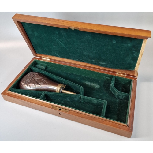 49 - Modern hardwood fitted pistol box together with a repousse copper powder flask.  (2)  (B.P. 21% + VA... 