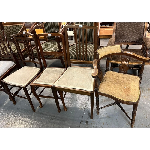 495 - Collection of Edwardian mahogany bedroom/parlour chairs, one corner chair with X stretcher supports.... 