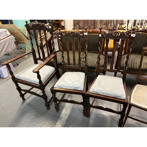 496 - Set of three early 20th century oak barley twist dining chairs (2+1) (3) (B.P. 21% + VAT)