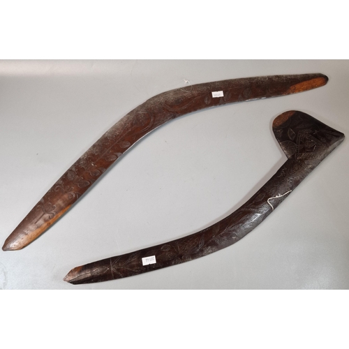 50 - Carved hardwood Australian Boomerang with foliate decoration together with a carved hardwood Austral... 