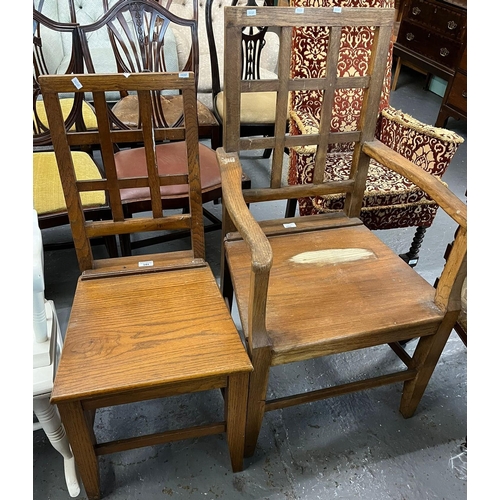 501 - Two 19th century oak farmhouse kitchen chairs with lattice design, to include single chair and carve... 