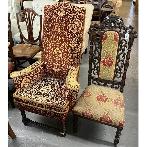 502 - Victorian walnut ornately carved prie dieu upholstered chair together another Victorian high back up... 