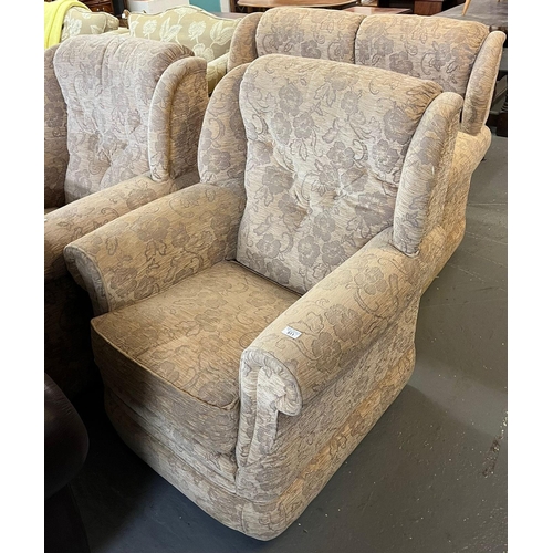 511 - Modern floral and foliate beige ground three piece suite comprising two seater sofa and pair of armc... 