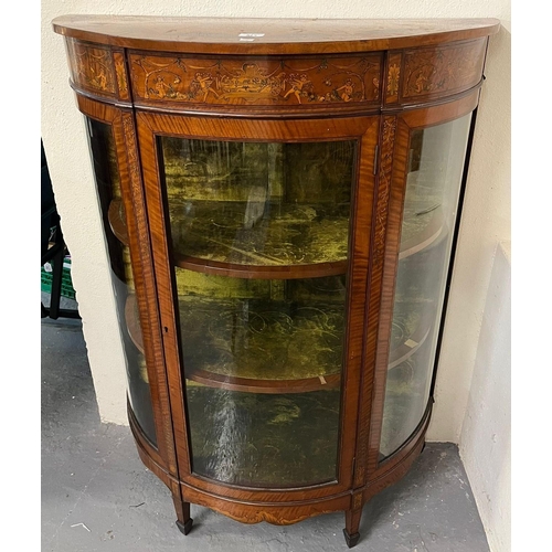 513 - Edwardian mahogany and mixed woods inlaid bow front three door glazed display cabinet on tapering le... 