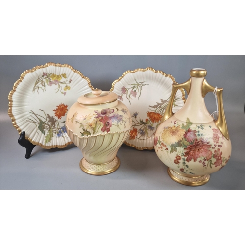 54 - Royal Worcester porcelain blush ivory two handled gilded baluster vase, shape No 1024, together with... 