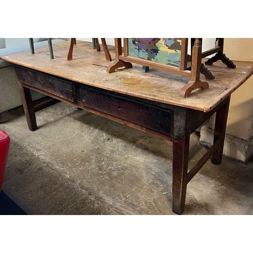 542 - 19th century pine scrubbed top cleated three plank dairy table above an oak base with two drawers on... 