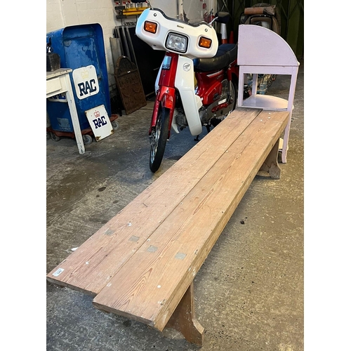 549 - Pair of 19th / 20th century pine school type benches or forms. Together with a painted pine three ti... 