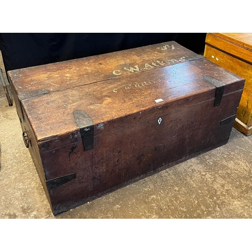 558 - Large 19th century camphor wood trunk with metal banding and painted name C. Watkins. Probably milit... 