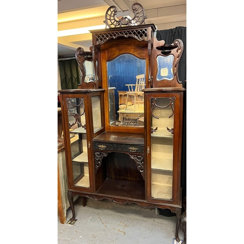 578 - Edwardian mahogany mirror back ornately carved display cabinet. (B.P. 21% + VAT)