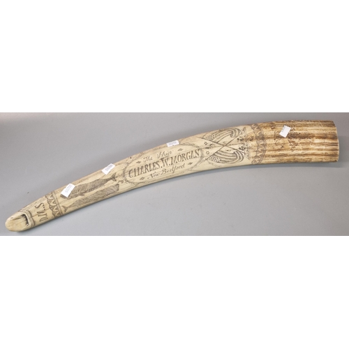 58 - Reproduction resin scrimshaw tusk, 'Charles W Morgan New Bedford', decorated with ships, birds, Whal... 