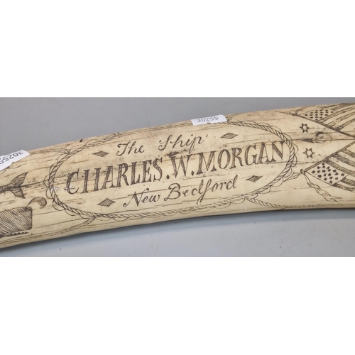 58 - Reproduction resin scrimshaw tusk, 'Charles W Morgan New Bedford', decorated with ships, birds, Whal... 