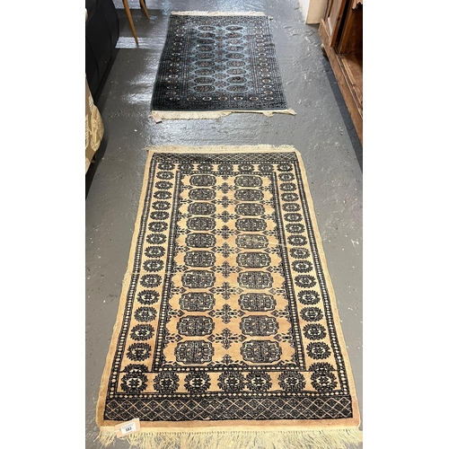 583 - Two similar vintage Afghan runners on blue and beige grounds with repeating geometric designs (2) (B... 