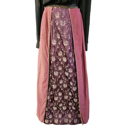 588 - Victorian maroon bustle cotton skirt with floral patterned panels to the centre, front and sides, ga... 