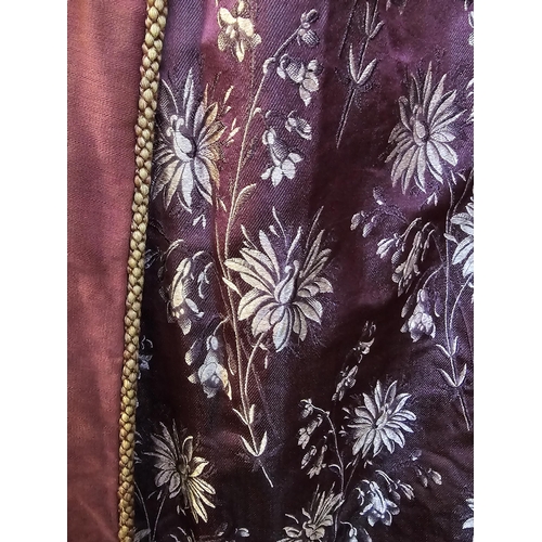 588 - Victorian maroon bustle cotton skirt with floral patterned panels to the centre, front and sides, ga... 