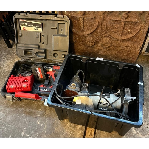 591 - Milwaukee electric battery hammer drill with charger in original case, a Macallister double ended be... 