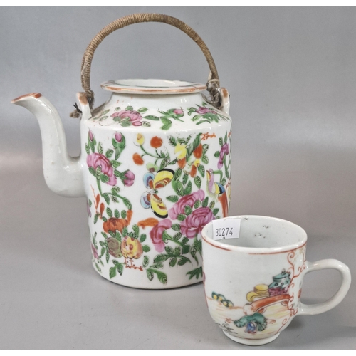 64 - Late Qing Canton polychrome teapot decorated all over with flowers, birds and butterflies, together ... 